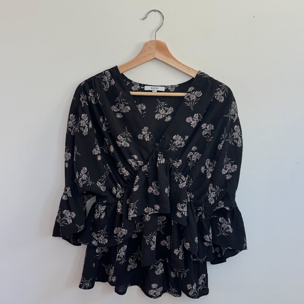 RO&DE Black w/ Pink Floral Pattern Ruffle Ruched V-neck Empire Waist Blouse (XS)